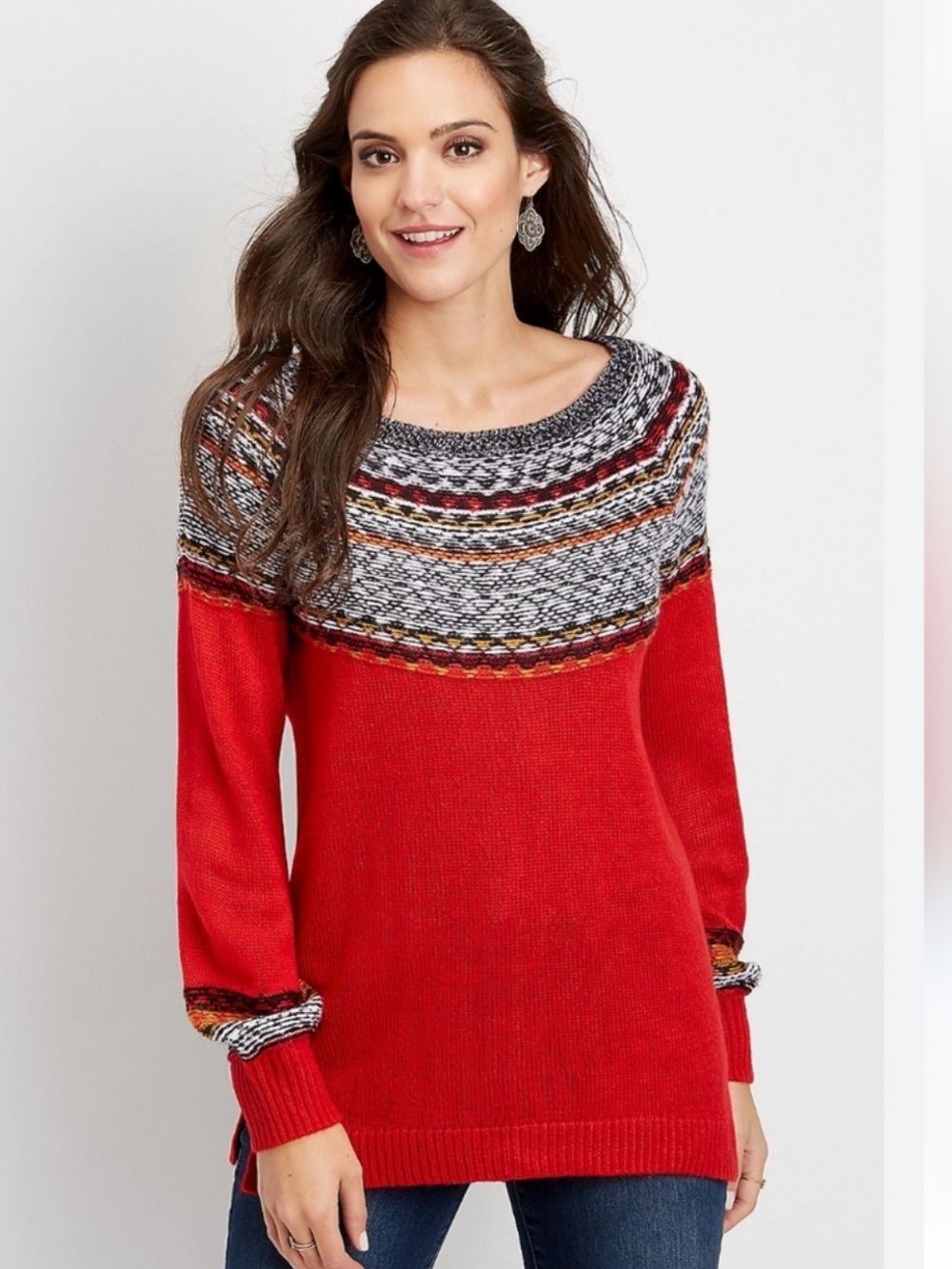 Maurices Fair Isle Tunic Knit Red Sweater Size Large